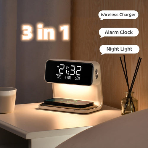 SALE - Creative 3 In 1 Bedside Lamp Wireless Charging LCD Screen Alarm Clock  Wireless Phone Charger